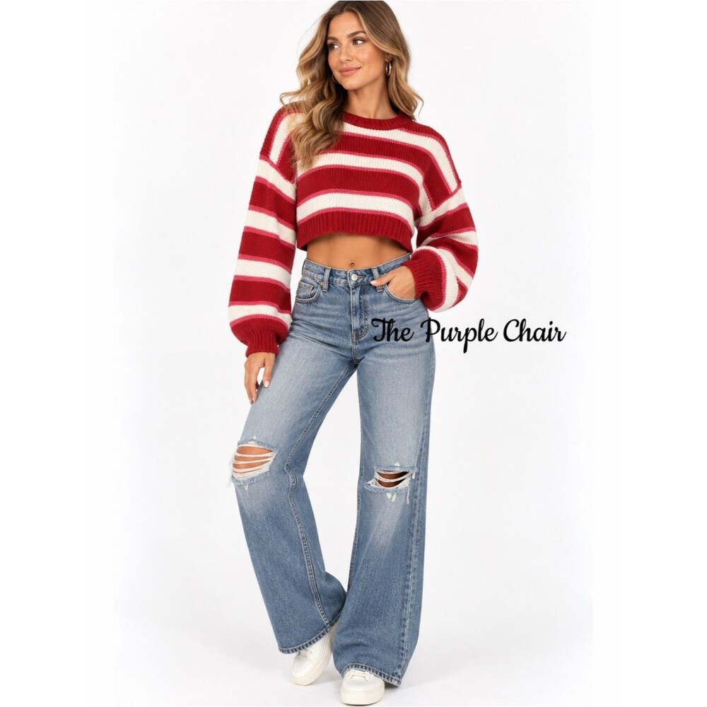 ALTAR'D STATE NWT Striped Balloon Sleeve Chunky Knit Cropped Sweater XS